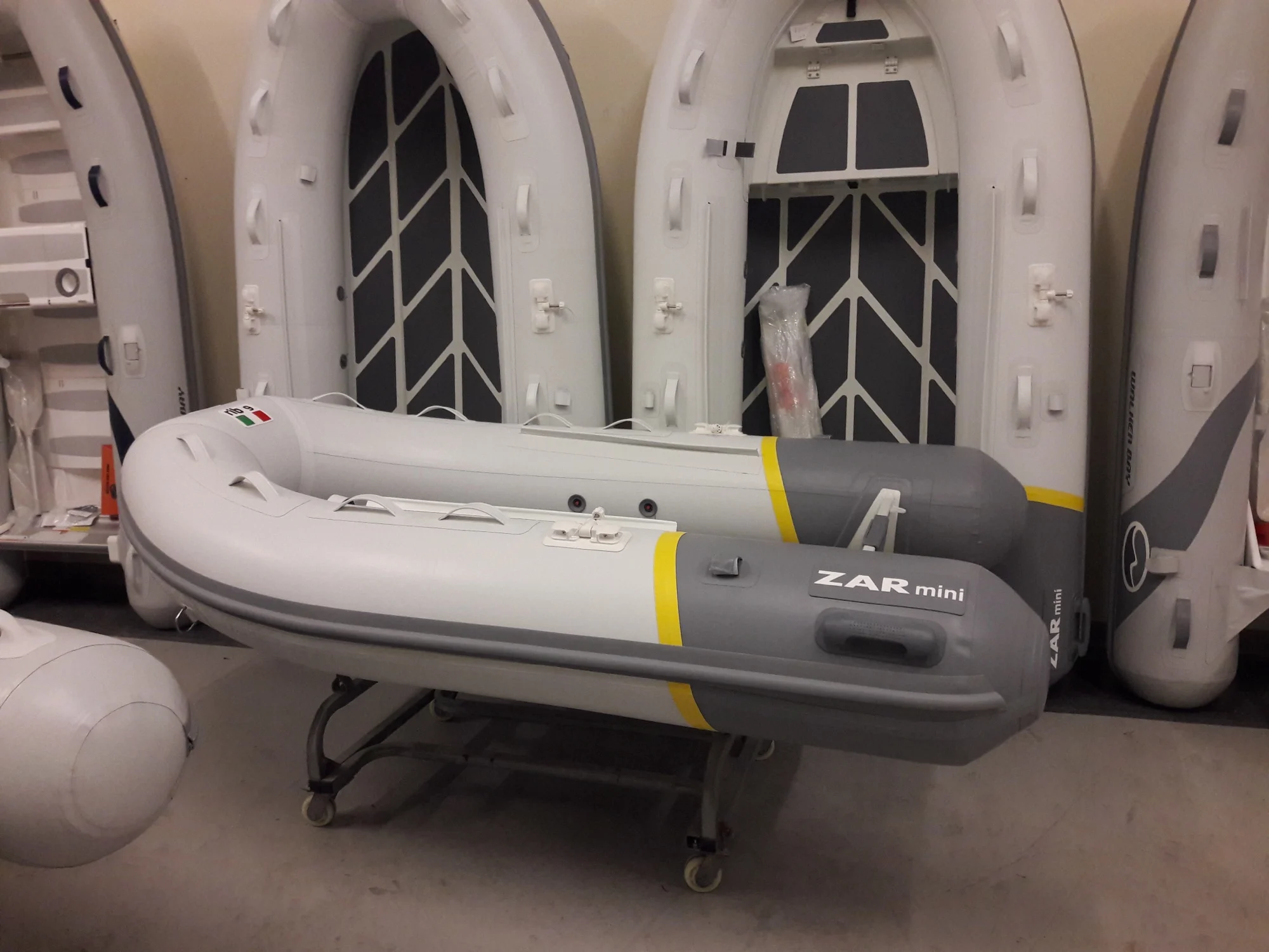 Zar Mini ribs lined up in the Fair Winds showroom