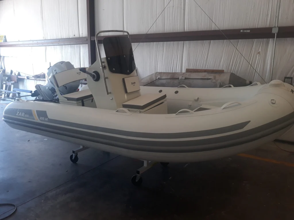 Zar Mini Rib 14 with a Honda 50hp outboard in the showroom